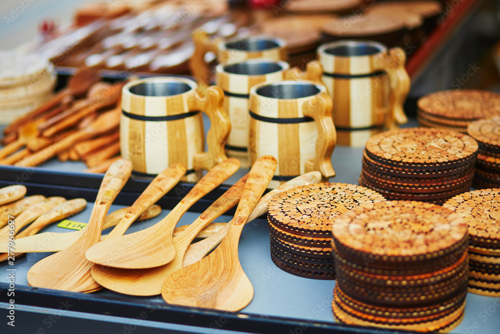 Traditional Finnish wooden beer cups on market Traditional Finnish wooden beer cups on market