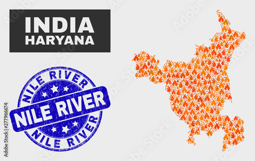 Vector composition of burn Haryana State map and blue rounded distress Nile River seal. Orange Haryana State map mosaic of wildfire icons. Vector composition for emergency services,