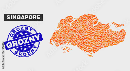 Vector composition of wildfire Singapore map and blue round textured Grozny seal stamp. Fiery Singapore map mosaic of wildfire symbols. Vector composition for insurance services, and Grozny seal.