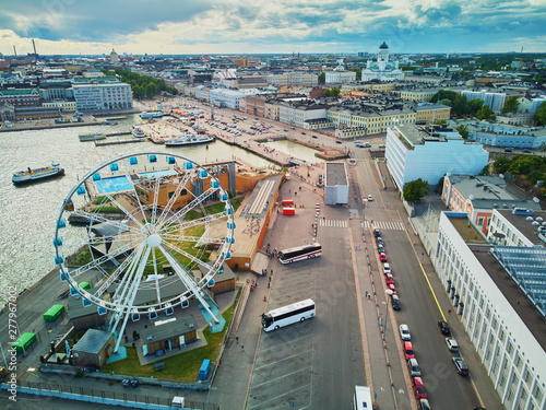 Scenic aerial view of Ferris Wheel and Helsinki Cathedral