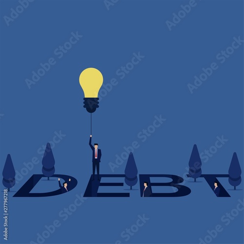 Businessman fly with idea balloon from debt while other still on it.