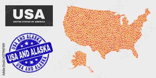 Vector composition of fire USA with Alaska map and blue round textured USA and Alaska watermark. Orange USA with Alaska map mosaic of fire symbols. Vector composition for fire protection services,