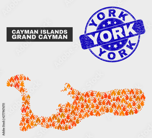 Vector composition of fire Grand Cayman Island map and blue round textured York stamp. Fiery Grand Cayman Island map mosaic of flame symbols. Vector composition for guard services, and York stamp.
