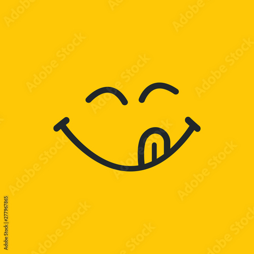 Yummy smile vector cartoon line emoticon with tongue lick mouth. Delicious tasty food eating emoji face on yellow design background