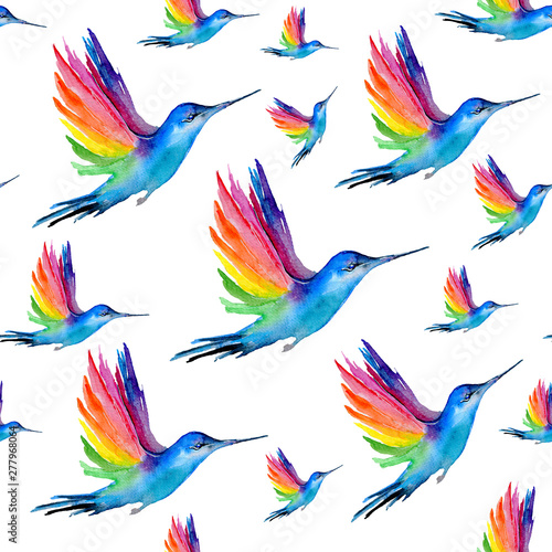 Watercolor seamless pattern with rainbow hummingbird isolated on white background. Hand painted illustration.
