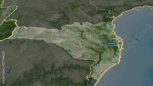 Santa Catarina - state of Brazil with its capital zoomed on the satellite map of the globe. Animation 3D