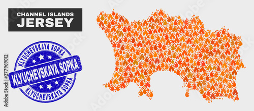 Vector composition of wildfire Jersey Island map and blue round textured Klyuchevskaya Sopka seal stamp. Fiery Jersey Island map mosaic of wildfire items. Vector combination for emergency services,