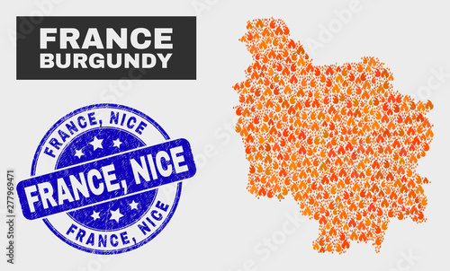 Vector collage of fire Burgundy Province map and blue rounded scratched France, Nice stamp. Orange Burgundy Province map mosaic of fire symbols. Vector combination for fire protection services,