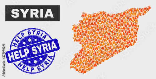 Vector collage of wildfire Syria map and blue round grunge Help Syria seal. Orange Syria map mosaic of wildfire icons. Vector combination for fire protection services, and Help Syria seal.
