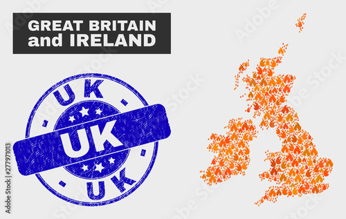 Vector collage of wildfire Great Britain and Ireland map and blue rounded distress Uk stamp. Fiery Great Britain and Ireland map mosaic of fire items. Vector collage for emergency services,