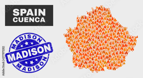 Vector collage of flame Cuenca Province map and blue round grunge Madison watermark. Fiery Cuenca Province map mosaic of flame elements. Vector collage for fire protection services, and Madison seal.