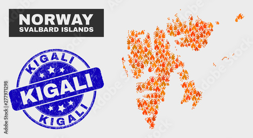 Vector collage of wildfire Svalbard Islands map and blue rounded textured Kigali seal stamp. Orange Svalbard Islands map mosaic of flame icons. Vector collage for fire protection services,