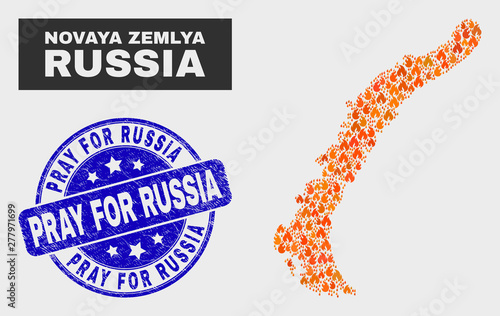 Vector collage of flame Novaya Zemlya Islands map and blue rounded distress Pray for Russia seal. Orange Novaya Zemlya Islands map mosaic of flame elements. Vector collage for insurance services, photo