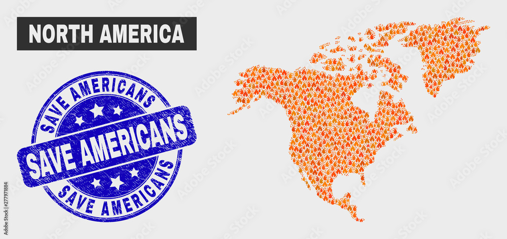 Vector collage of fire North America map and blue round grunge Save Americans watermark. Orange North America map mosaic of fire icons. Vector collage for fire protection services, Vector collage of fire North America map and blue round grunge Save Americans watermark. Orange North America map mosaic of fire icons. Vector collage for fire protection services,
