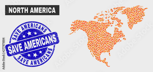 Vector collage of fire North America map and blue round grunge Save Americans watermark. Orange North America map mosaic of fire icons. Vector collage for fire protection services,