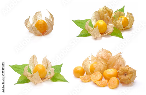 Set of Cape gooseberry isolated on white background.Fresh Cape Gooseberry (Physalis peruviana) with green leaves collection.