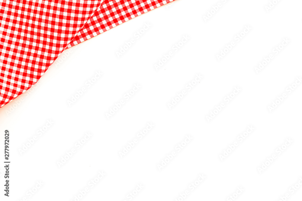 Picnic pattern with red and white dotted tablecloth on white background top view mock up Picnic pattern with red and white dotted tablecloth on white background top view mock up