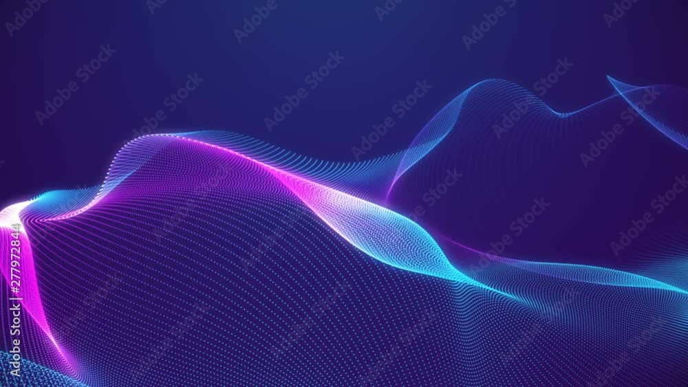 4K  Abstract loopable blue and red cg motion waving dots texture with glowing defocused particles. Cyber or technology digital landscape background. 3840x2160 uhd.