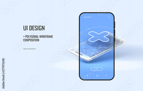UI design . Concept for application design. Polygonal wireframe composition. Abstract isolated on blue background. Particles are connected in a geometric silhouette.