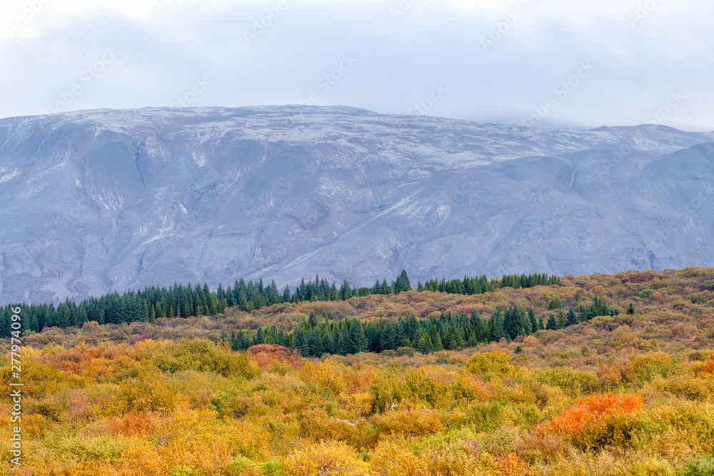 Landscape view of Thingvellir mountains or Thingvallavatn on Golden circle in Iceland, clouds covering summit range in park with autumn foliage