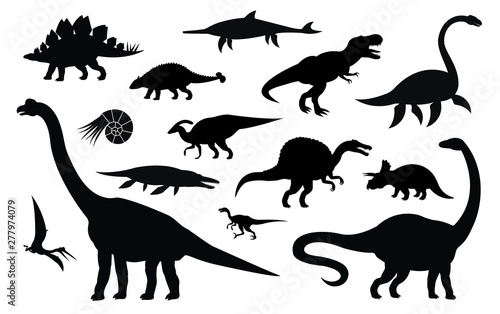 Fototapeta Naklejka Na Ścianę i Meble -  Vector set collection of different black dinosaur silhouette isolated on white background