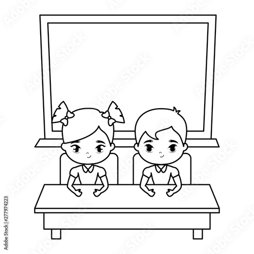 cute little students in desk with board school