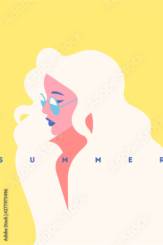 Summer fashion portrait of a blondie model girl with sunglasses. Retro trendy yellow color poster or flyer.