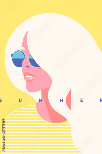 Summer fashion portrait of a blondie model girl with sunglasses. Retro trendy yellow color poster or flyer.