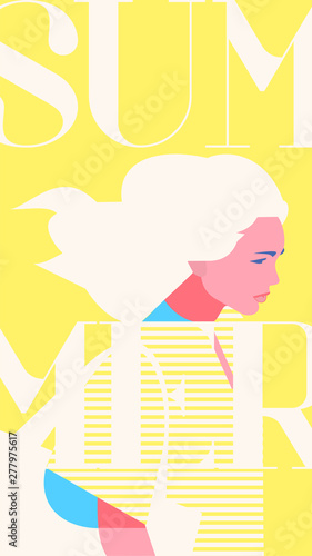Summer fashion portrait of a blondie model girl. Retro trendy yellow color stories template. photo