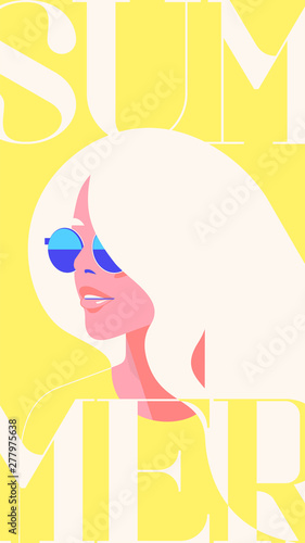 Summer fashion portrait of a blondie model girl with sunglasses. Retro trendy yellow color stories template. photo