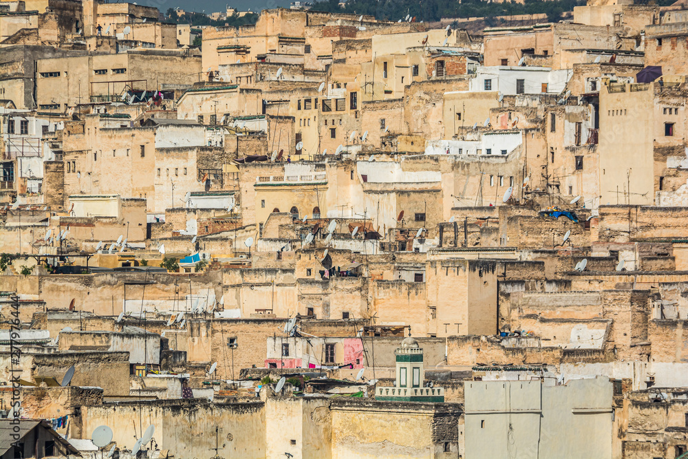Panoramic view on old city of Fes with Medina in Morocco