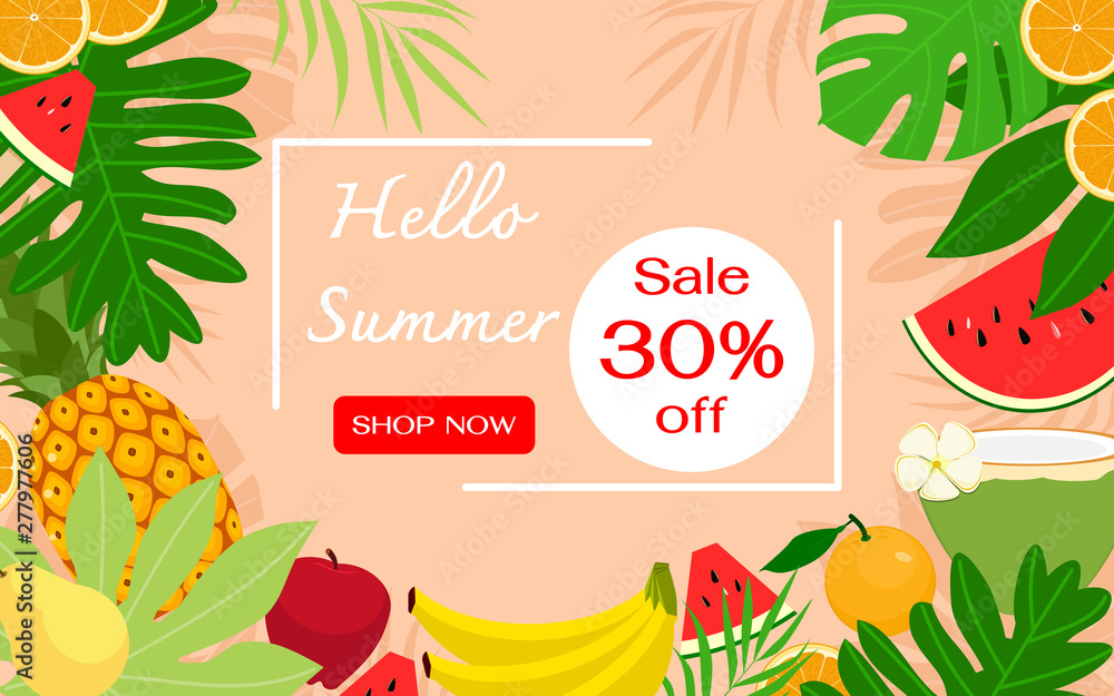 Tropical fruits and leaves. Summer sale banner template. Flat design vector illustration.