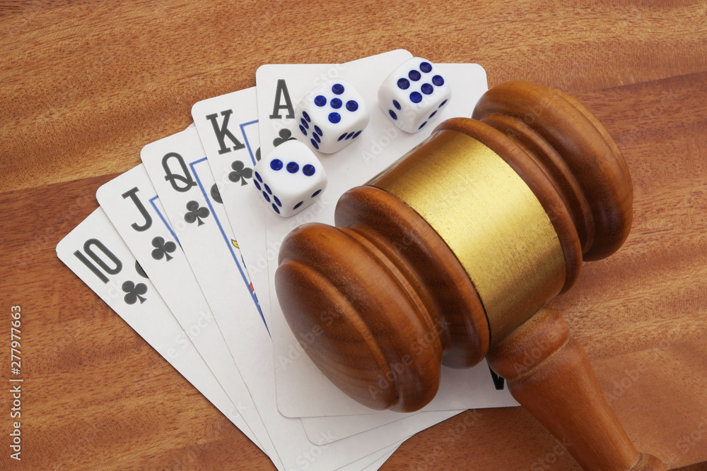 Gambling concept, playing cards, dices and judge gavel