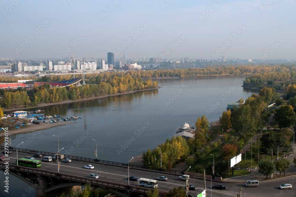 Krasnoyarsk Russia, late afternoon over the Yenisei river with city in distance