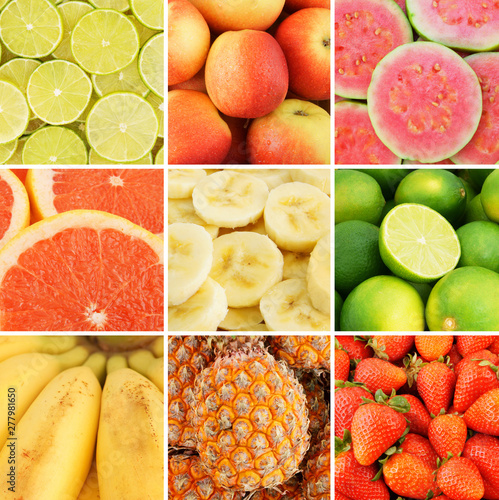 Colorful fresh summer fruits collage