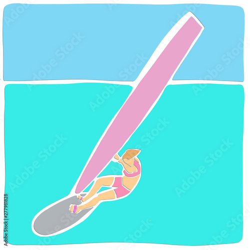 Single female windsurfer on windsurf board. Applique or paper cut style. Colorful vector illustration.