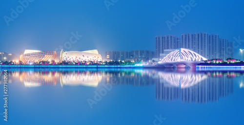 Nightscape Skyline of Urban Architecture along Qingdao Coastal Line..