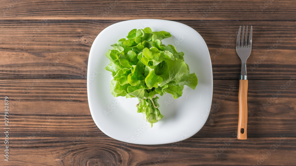 Fork next to white bowl with fresh salad on wooden table. Flat lay. Fork next to white bowl with fresh salad on wooden table. Flat lay.