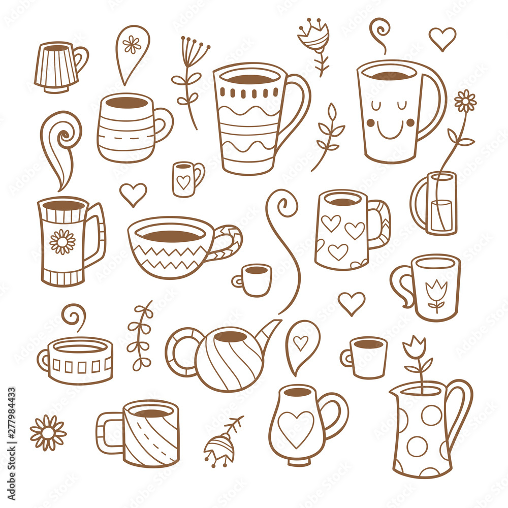 Set with cute cartoon cups and plants. Group of various dishes. Vector contour image no fill. Set with cute cartoon cups and plants. Group of various dishes. Vector contour image no fill.