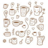 Set with cute cartoon cups and plants. Group of various dishes. Vector contour image no fill. 