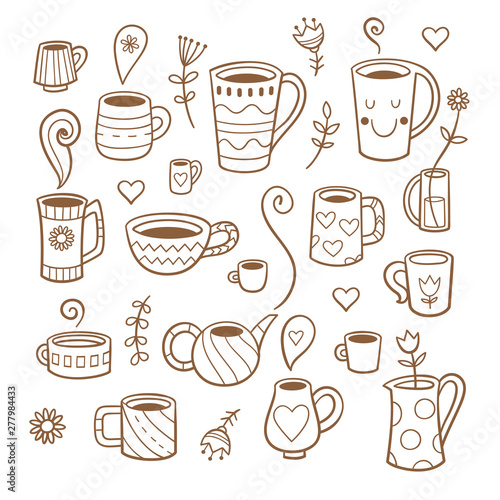 Set with cute cartoon cups and plants. Group of various dishes. Vector contour image no fill. © voron4ihina