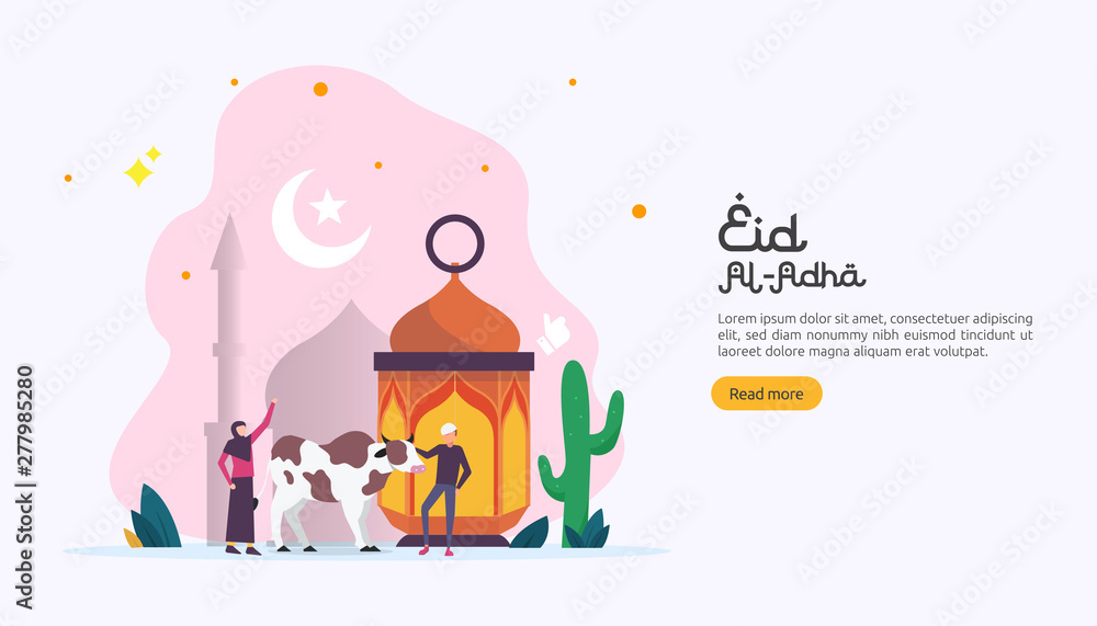 islamic design illustration concept for Happy eid al adha or sacrifice celebration event with people character for web landing page, banner, presentation, poster, ad, promotion or print media. islamic design illustration concept for Happy eid al adha or sacrifice celebration event with people character for web landing page, banner, presentation, poster, ad, promotion or print media.