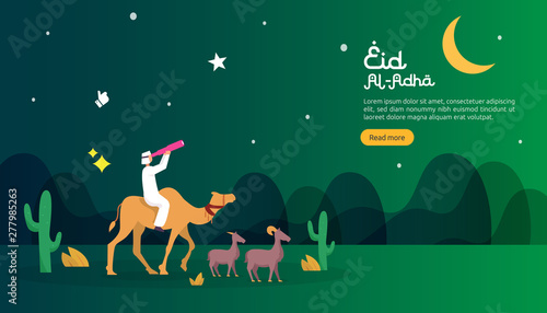 islamic design illustration concept for Happy eid al adha or sacrifice celebration event with people character for web landing page, banner, presentation, poster, ad, promotion or print media.
