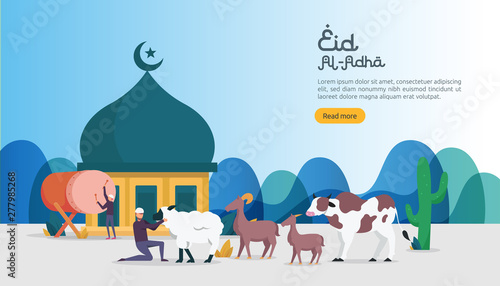 islamic design illustration concept for Happy eid al adha or sacrifice celebration event with people character for web landing page, banner, presentation, poster, ad, promotion or print media. photo