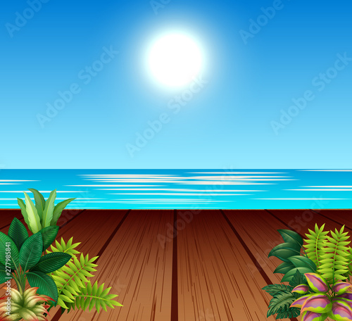 Landscape with seaport and bright sun in the sky