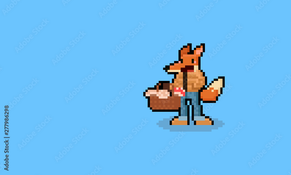 Pixel art cartoon fox character holding mushroom basket.8bit.