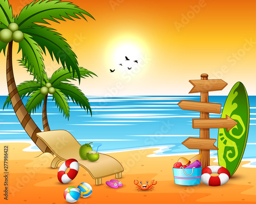 Summer holidays beach background with wooden arrow, surfboard, beach ball and lifebuoy