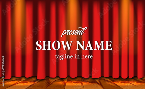 realistic red curtain stage show at theater with wood floor and lightning