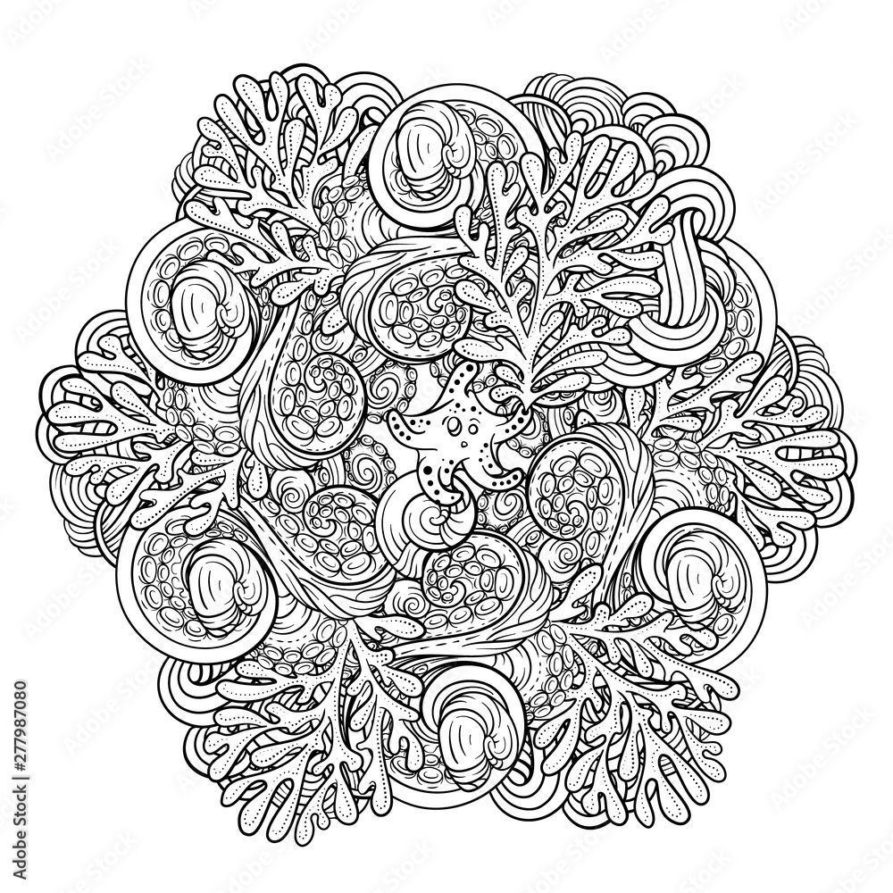 Vector sea creatures doodle black and white mandala. Adult coloring page with an undersea world.
