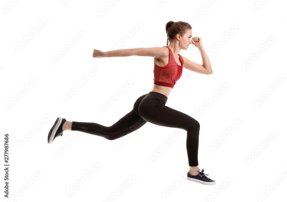 Running sporty woman on white background